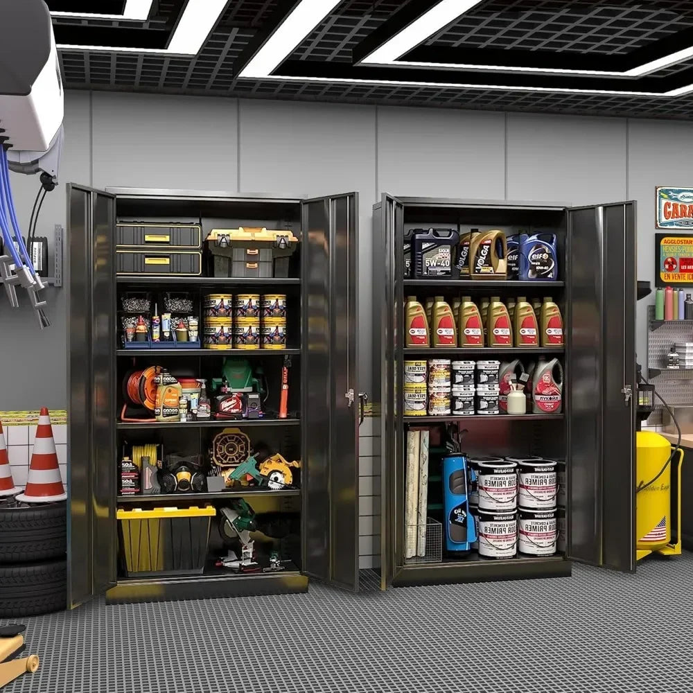 Steel Locking Garage Storage Cabinet With 4 Adjustable Shelves Two Doors