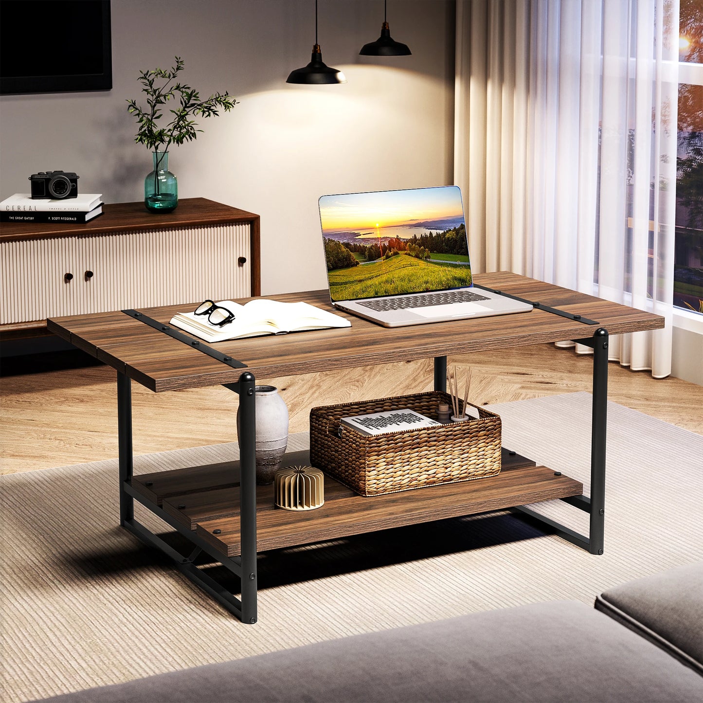 HobbyLane Two Tier Wood Coffee Table With Storage Shelf