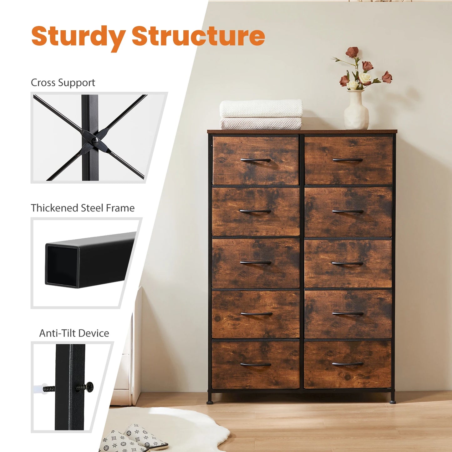 JHK Bedside Table With 10 Fabric Drawers Steel Frame Storage