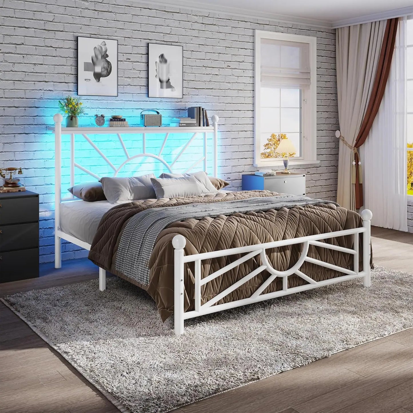 Angduo Metal Bed Frame With LED Headboard And Bed Storage