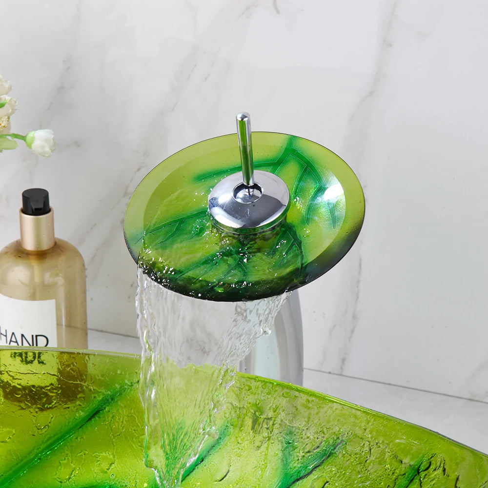 YANKSMART Green Leaf Vessel Sink And Faucet Set Tempered Glass