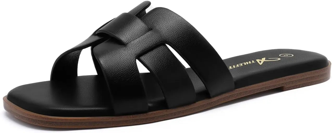 NONECN Flat Leather Slip-On Sandals For Summer Comfort