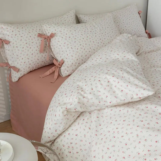 Floral Stripes Duvet Cover Set Cotton With Zipper Closure