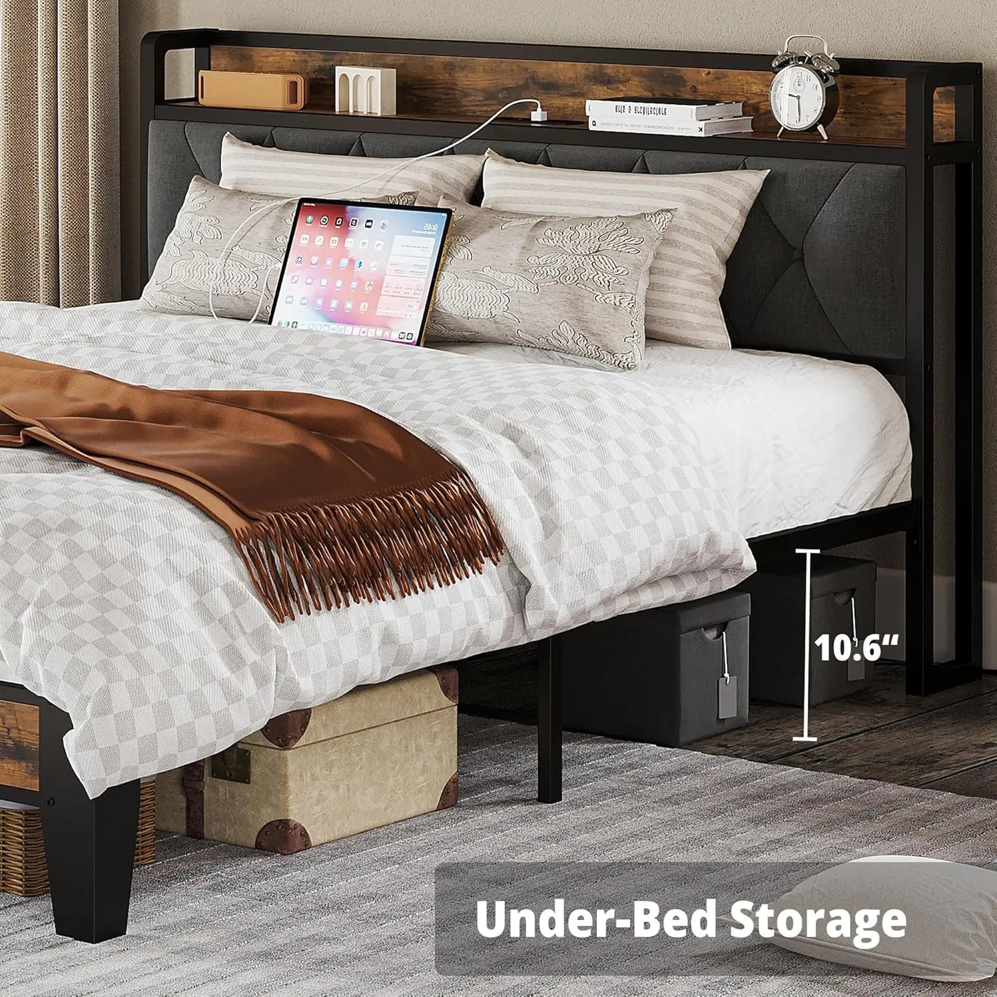 ANCTOR Bed Frame With Storage Headboard And Outlets No Box Spring