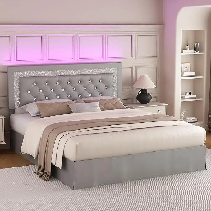 Upholstered Queen Bed Frame With Adjustable Headboard And LED Lights