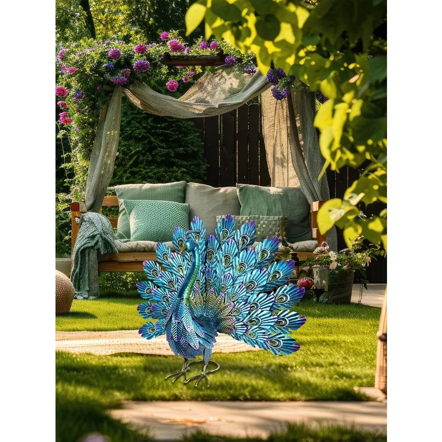 Metal Peacock Garden Statue Outdoor Yard Decor Ornament