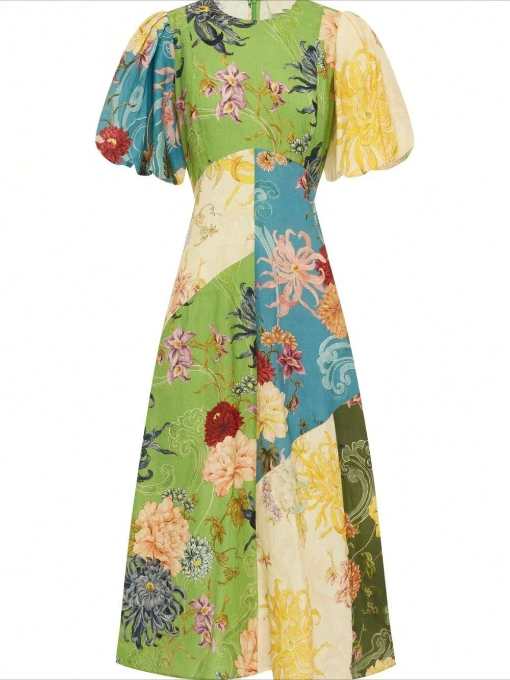 Linen Floral Patchwork Lantern Sleeve Midi Dress For Women