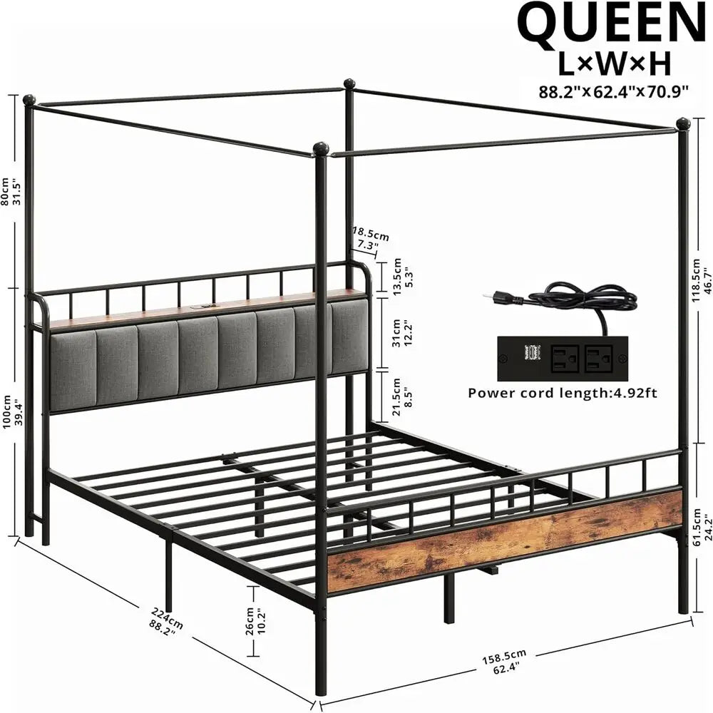 LIKIMIO Canopy Bed Frame Queen With Storage Headboard Charging Station