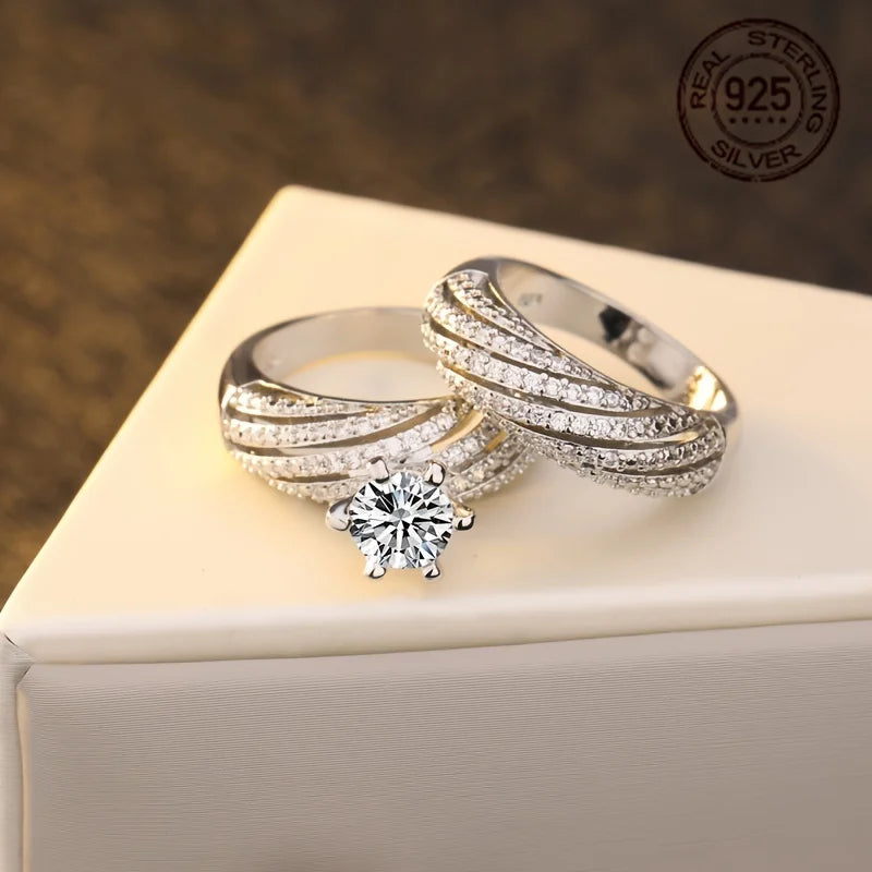 WPOOCC 925 Sterling Silver Gold Plated Zirconia Wedding Ring Set