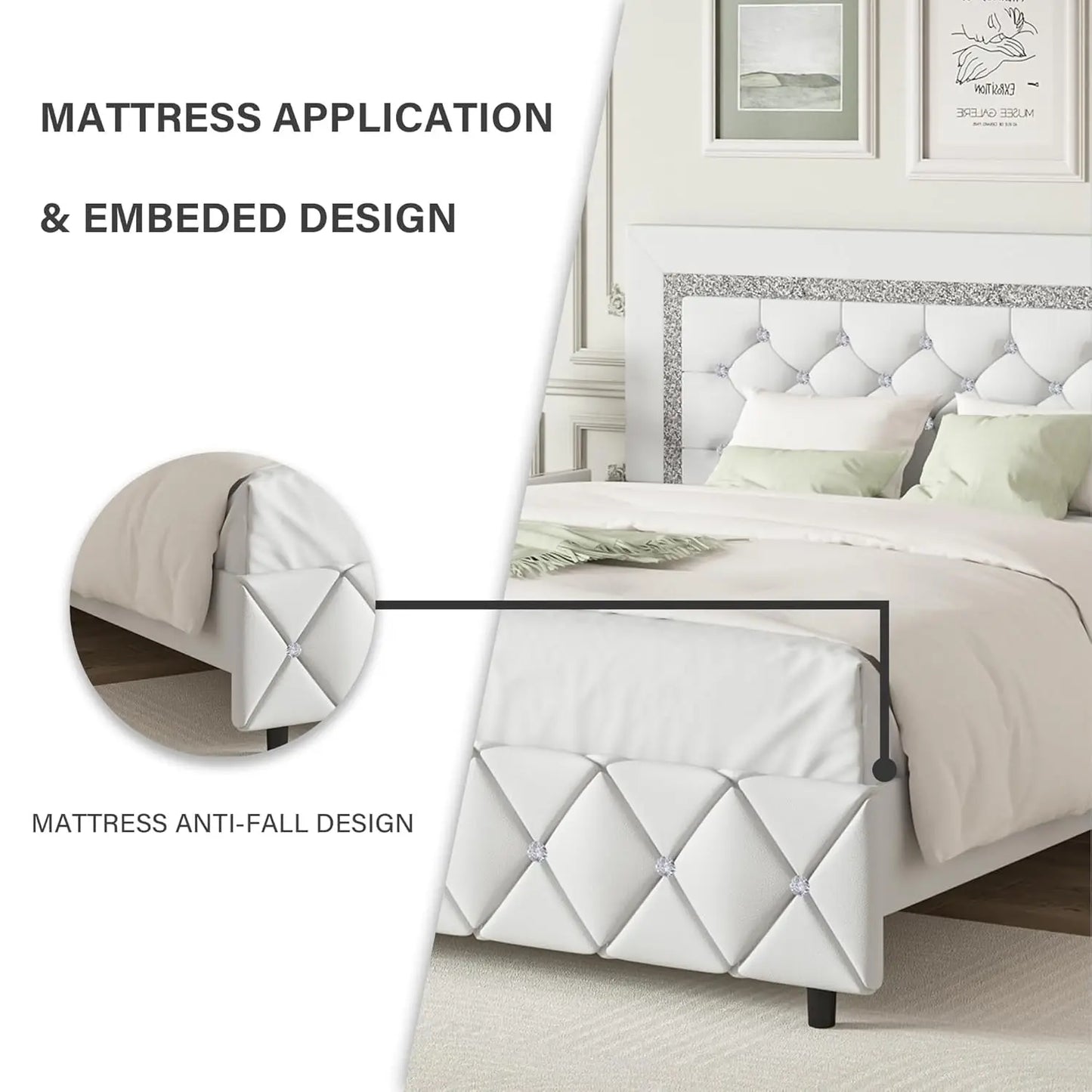 Guangbai Faux Leather Diamond Tufted Platform Bed Frame With Headboard