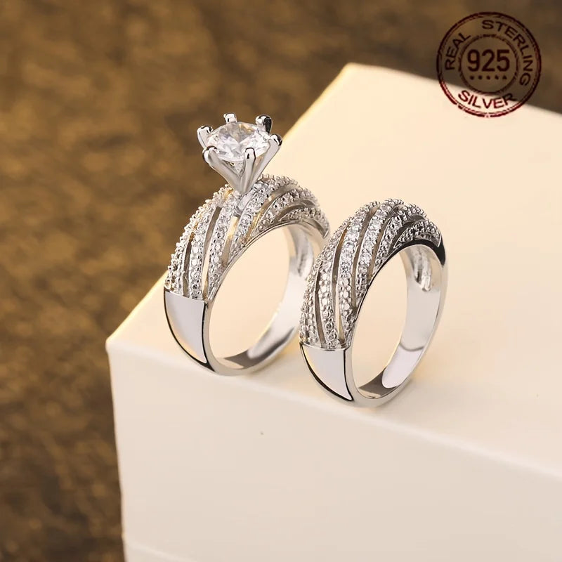 WPOOCC 925 Sterling Silver Gold Plated Zirconia Wedding Ring Set