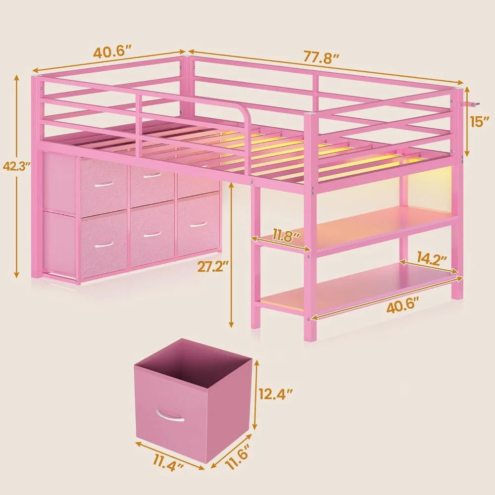 Loft Bed With LED Lights, 6 Drawers, Shelves And Guardrail