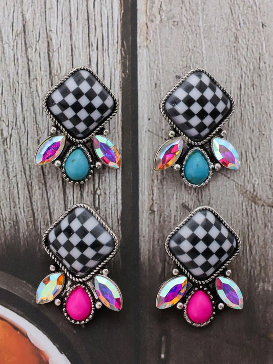 Checkerboard Stud Earrings With Iridescent Stones