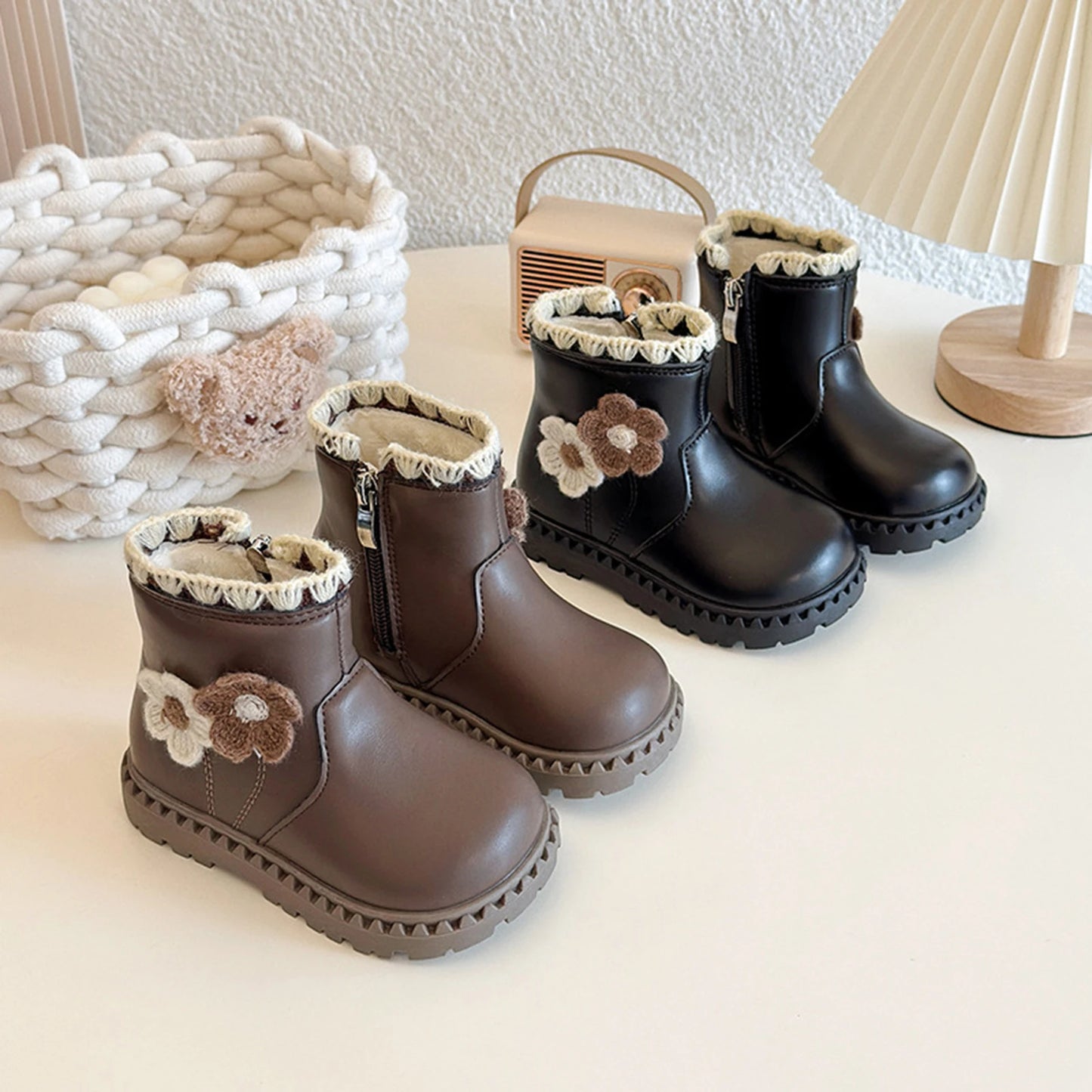 Girls Fleece Lined Winter Boots With Flower Decor Side Zip