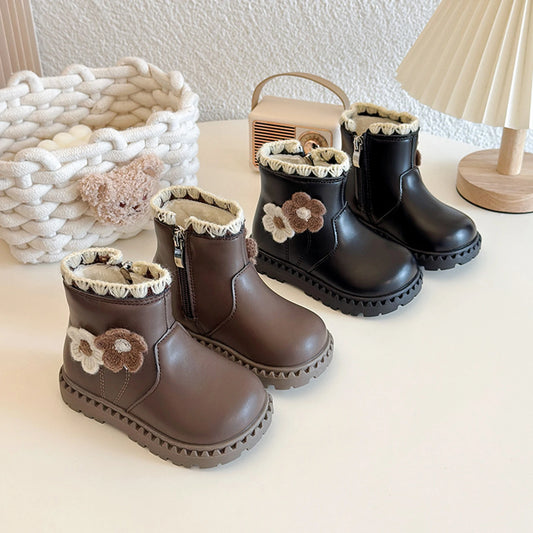 Girls Fleece Lined Winter Boots With Flower Decor Side Zip
