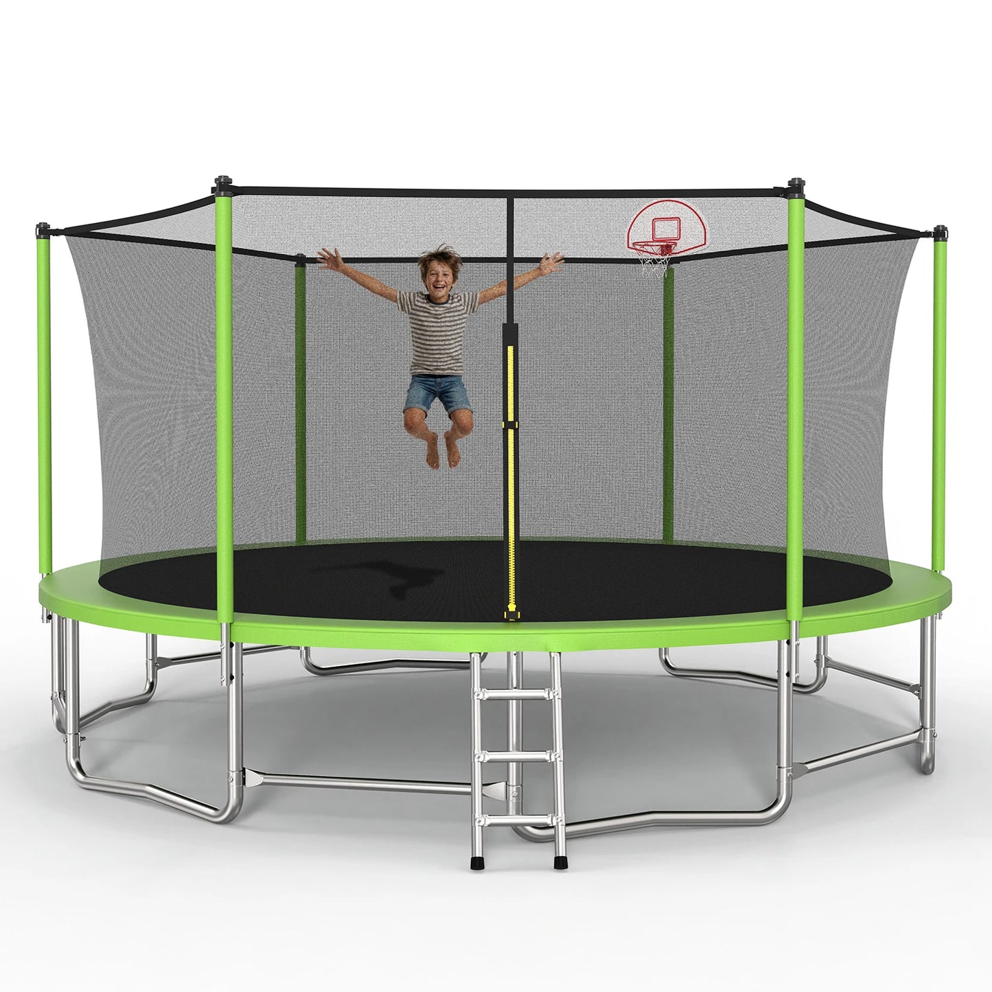 Outdoor Trampoline With Balance Bar And Basketball Hoop Enclosure Net