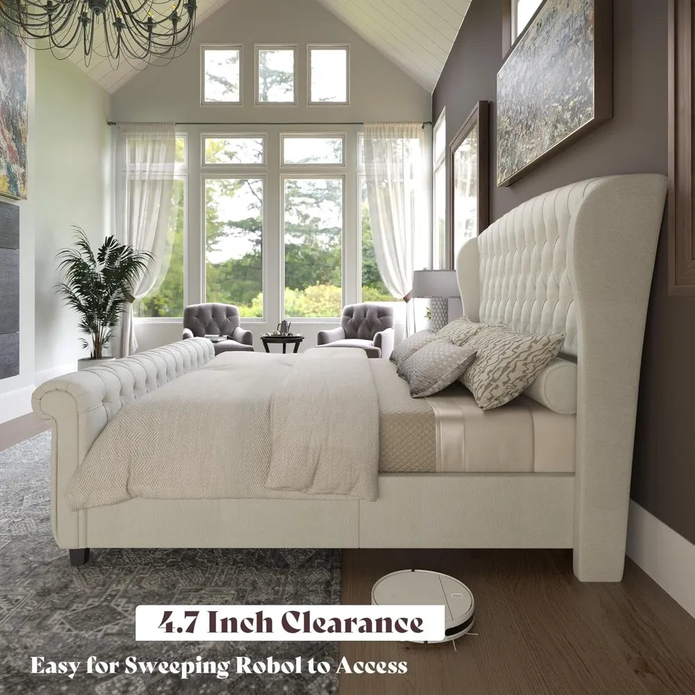 Velvet Upholstered Platform Bed Frame With Scroll Headboard And Footboard