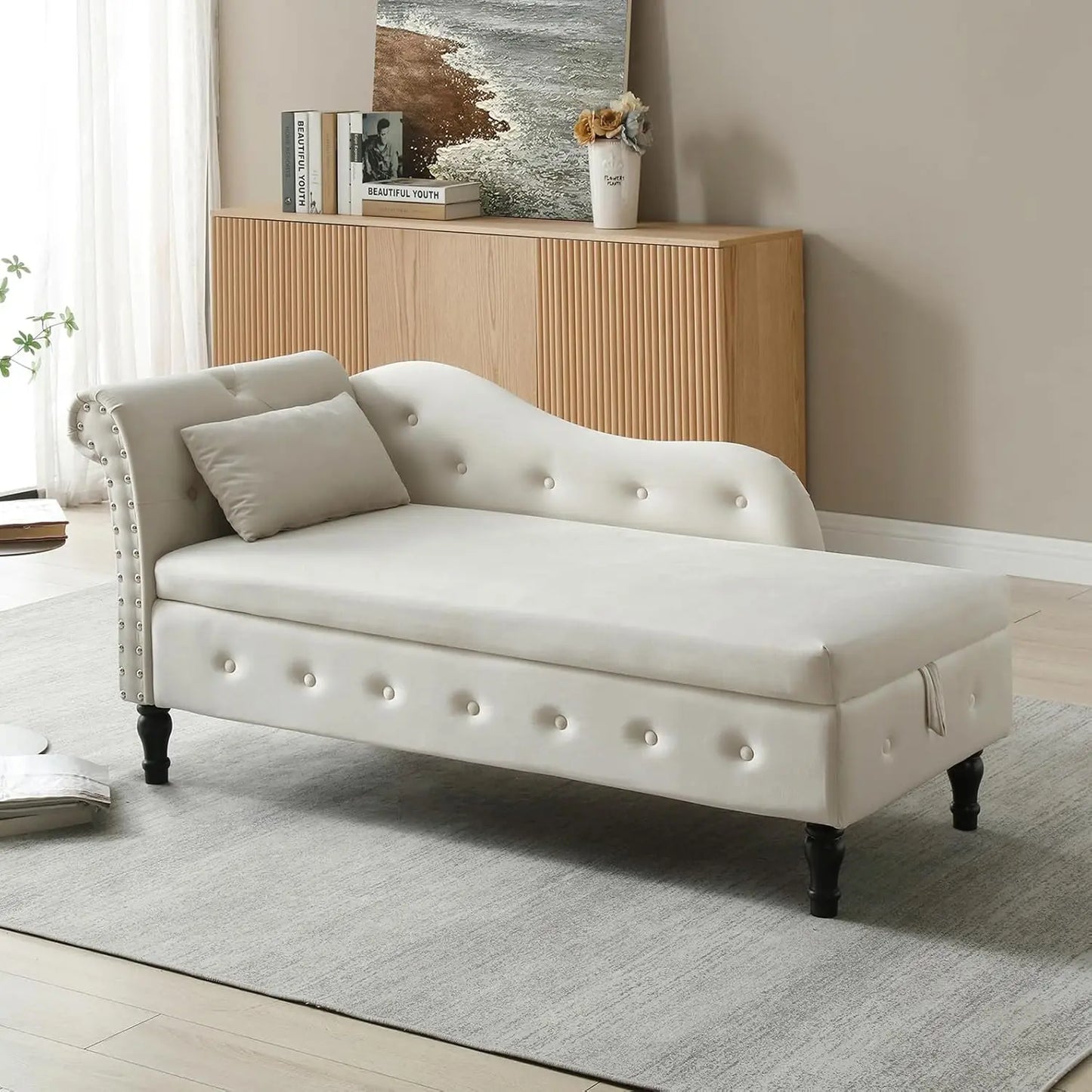 Huanzhuang Modern Velvet Upholstered Chaise Lounge With Button Tufting And Solid Wood Legs