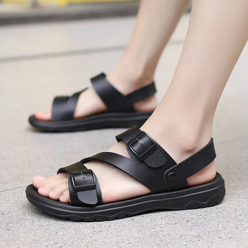 SUOJ Men Leather Sandals Outdoor Casual Beach Slippers