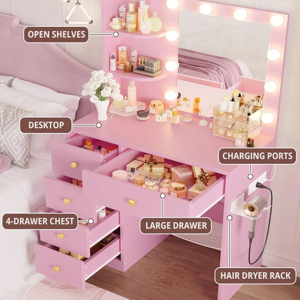 ZHUOTING Vanity Desk With Mirror And Lights 5 Drawers