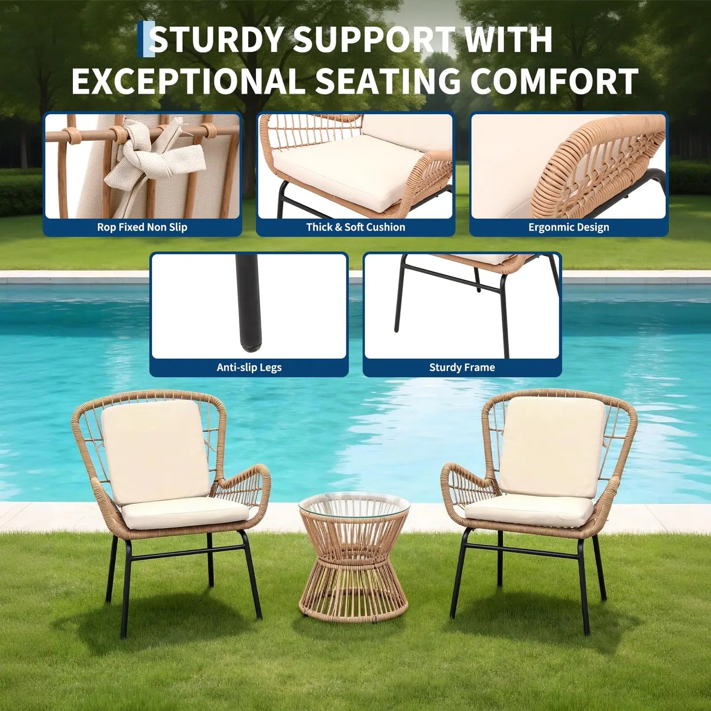 HobbyLane Boho 3-Piece Outdoor Patio Rattan Set With Glass Table
