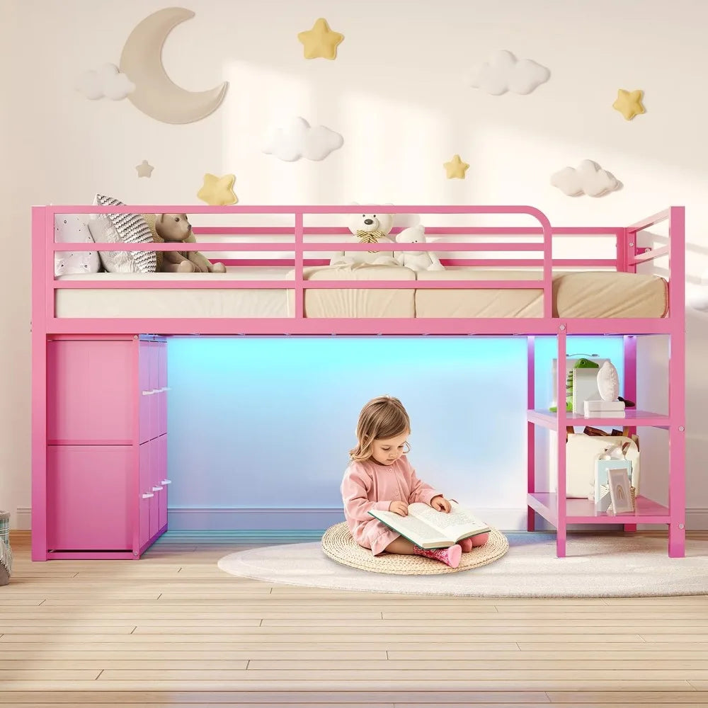 Loft Bed With LED Lights, 6 Drawers, Shelves And Guardrail