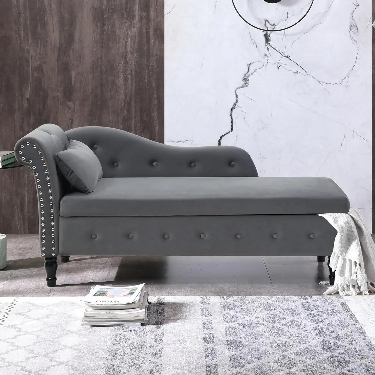 Huanzhuang Modern Velvet Upholstered Chaise Lounge With Button Tufting And Solid Wood Legs