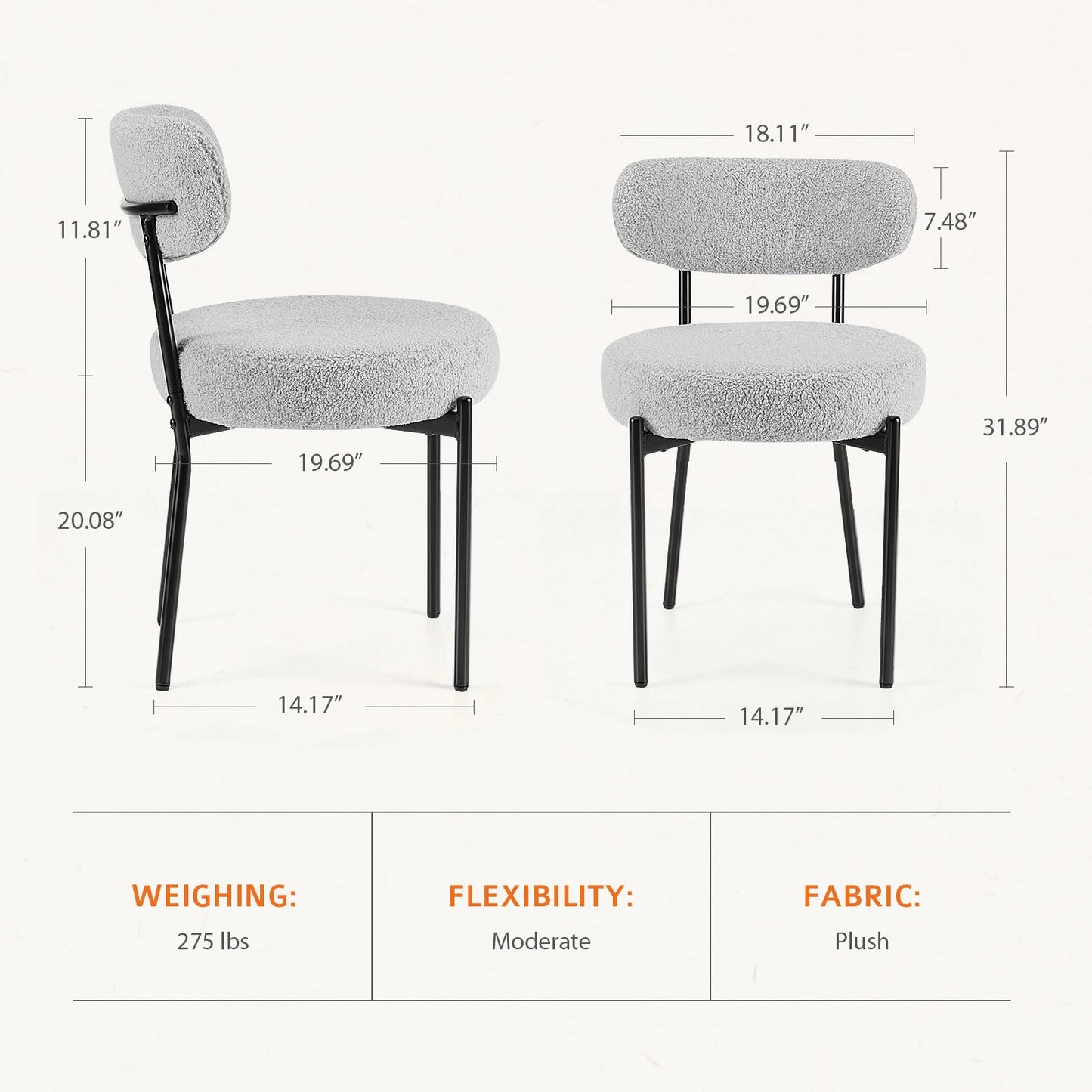 JHK Ergonomic Round Dining Chairs, Plush Fabric, 2-Pack, Metal Legs
