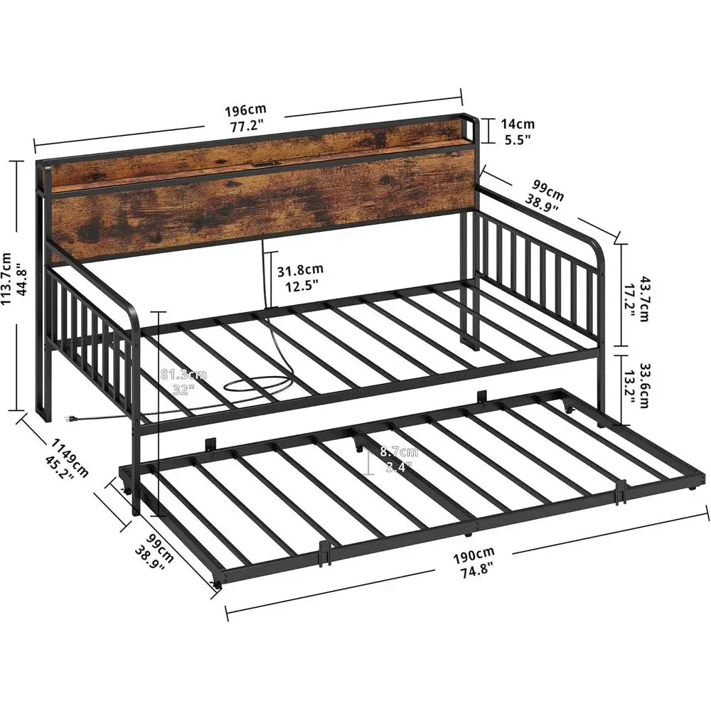 Metal Daybed With Trundle, Storage Headboard, Charging Station
