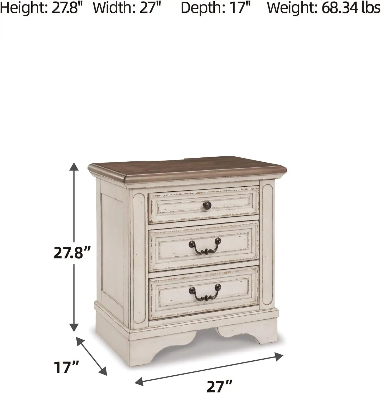 French Country 3 Drawer Nightstand Electrical Outlets USB Ports