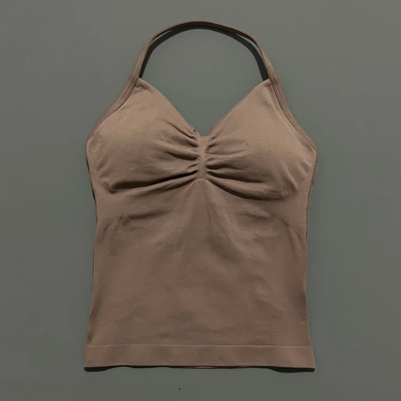 Women Gym Halter Top Longline Strappy Yoga Tank Removable Cups