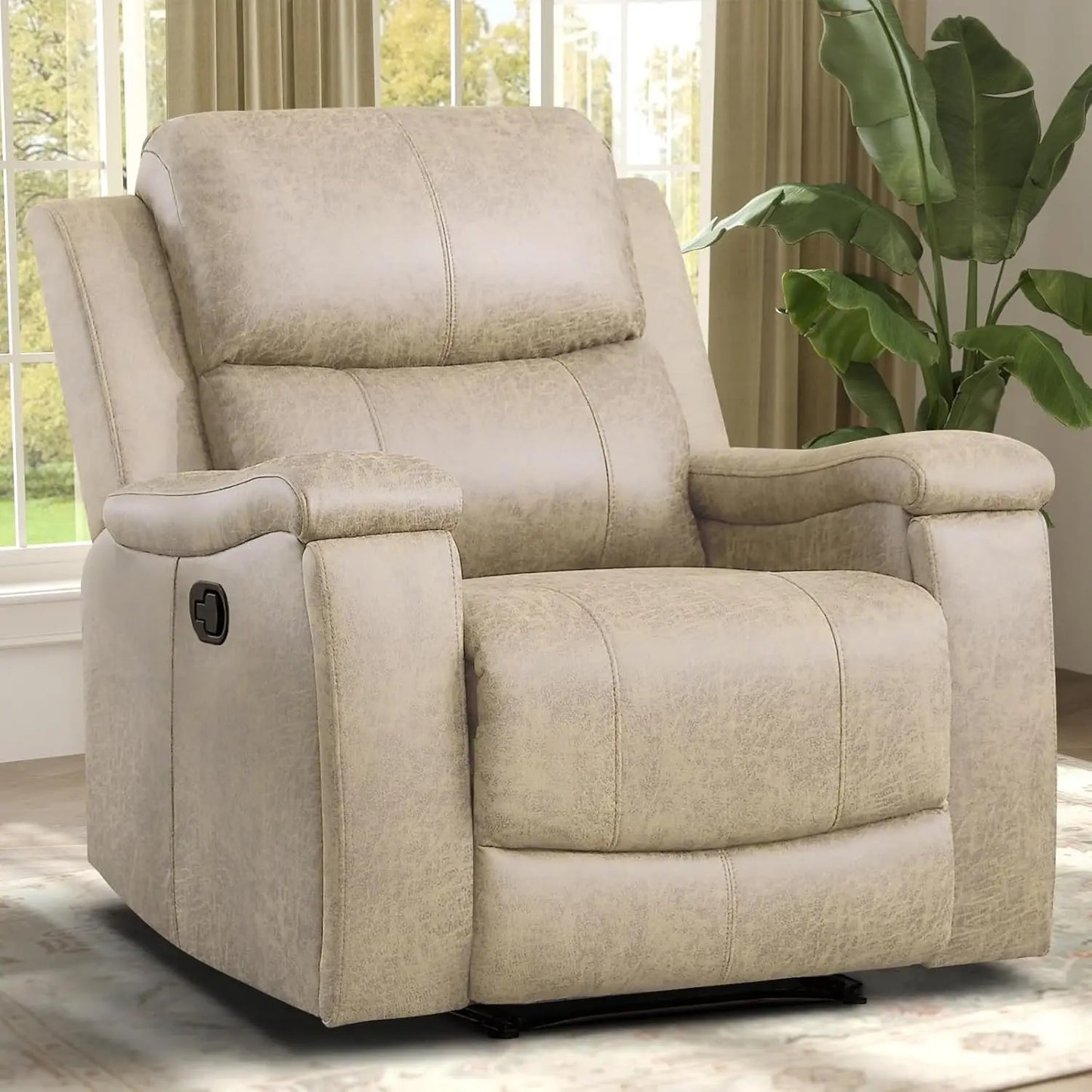 Overstuffed Manual Recliner Chair With Cup Holders For Living Room