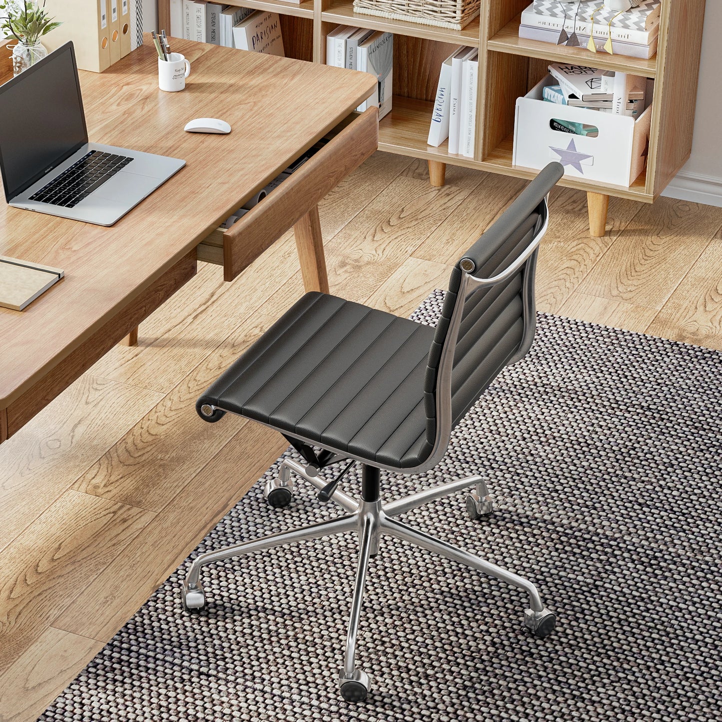 Furgle Modern Low Back Ribbed Armless Executive Swivel Office Chair With Top Grain Leather