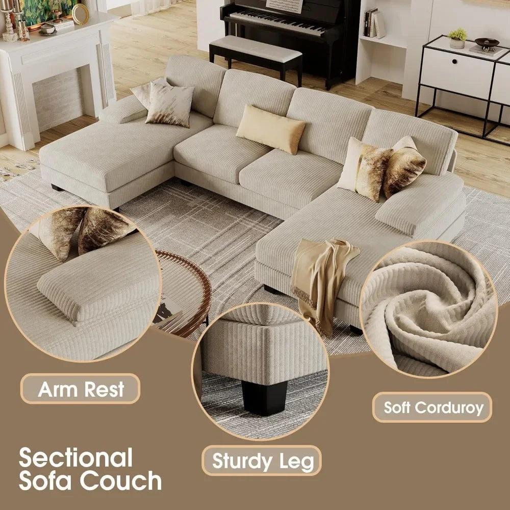 U-Shaped Linen Sectional Sofa For Living Room - 4 Seat Set