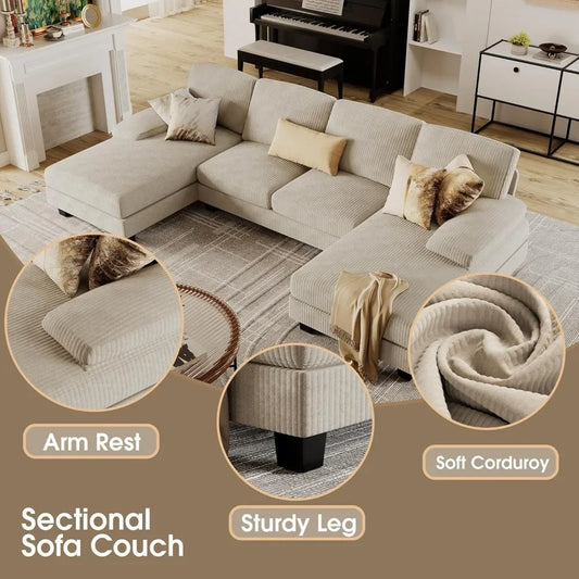 U-Shaped Linen Sectional Sofa For Living Room - 4 Seat Set