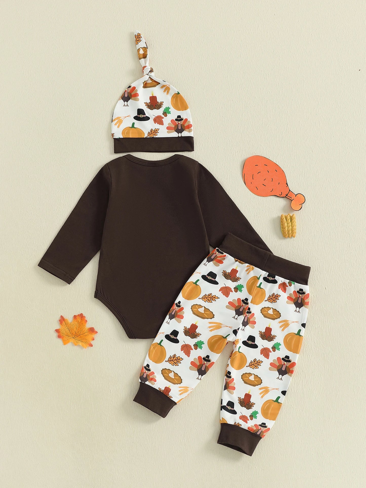 Thanksgiving Turkey Print Baby Boy 3Piece Outfit Set With Hat