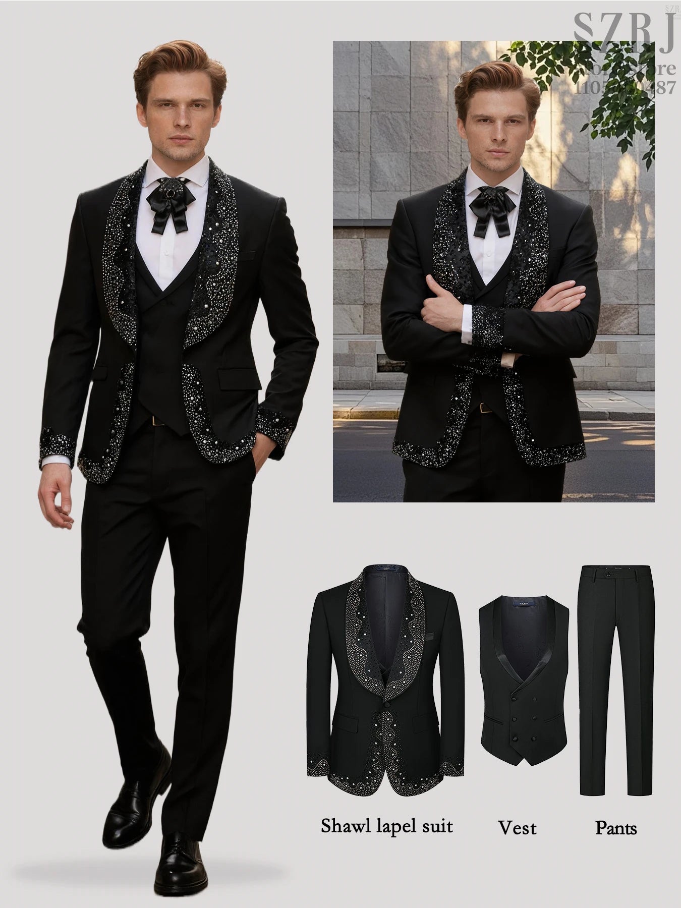 Men's 3-Piece Suit Set With Decorative Lapel