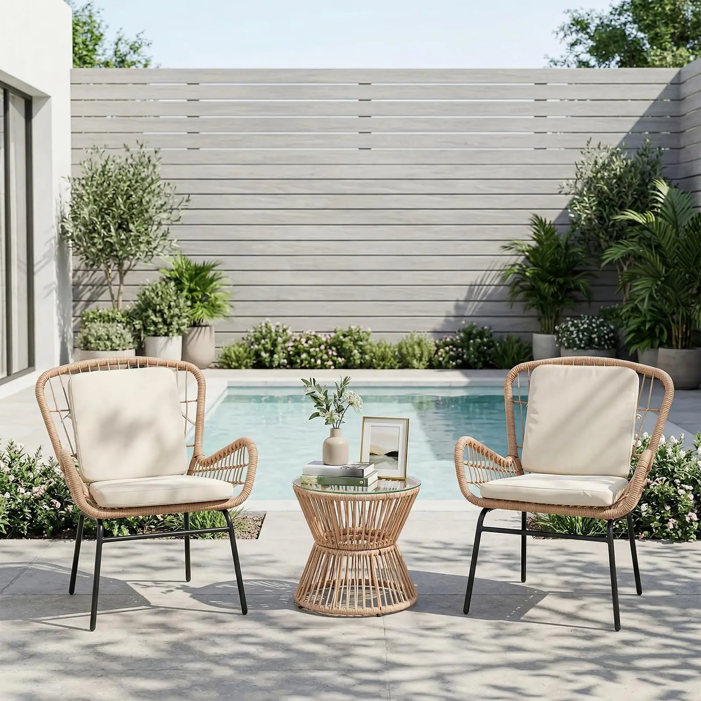 HobbyLane Boho 3-Piece Outdoor Patio Rattan Set With Glass Table