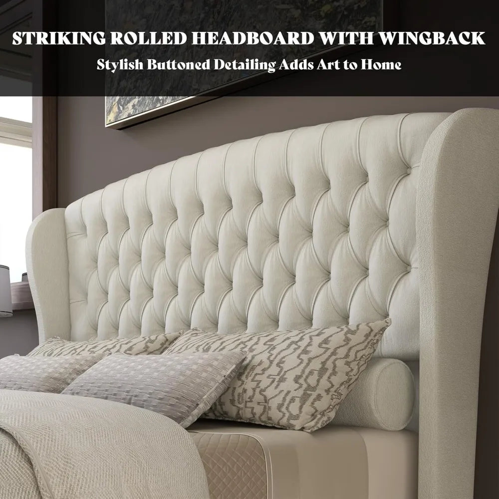 Velvet Upholstered Platform Bed Frame With Scroll Headboard And Footboard