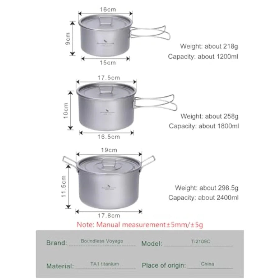 Titanium Camping Pots Set With Lids Foldable Handles Lightweight