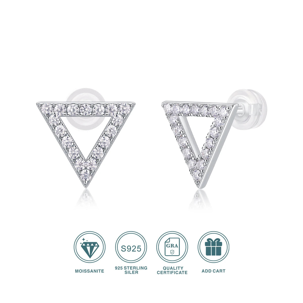 JIUZUAN Moissanite Triangle Stud Earrings 18K Gold Plated 925 Silver