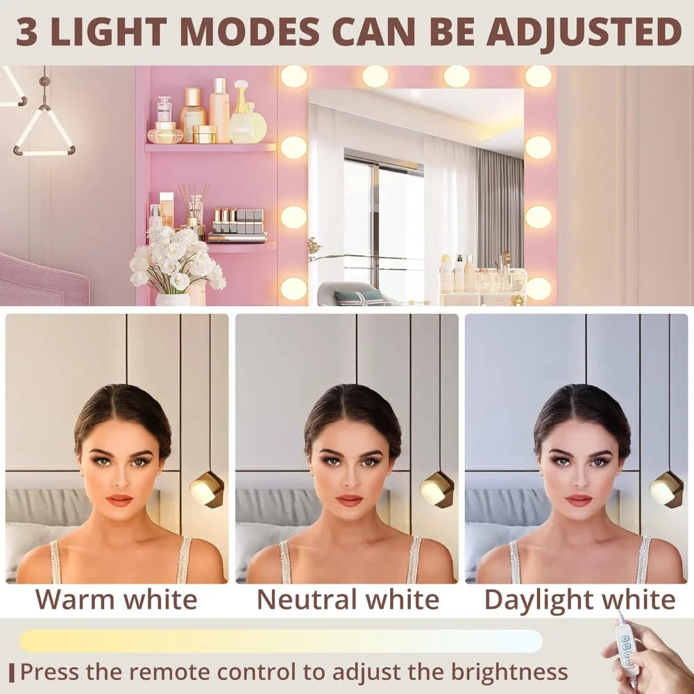 ZHUOTING Vanity Desk With Mirror And Lights 5 Drawers