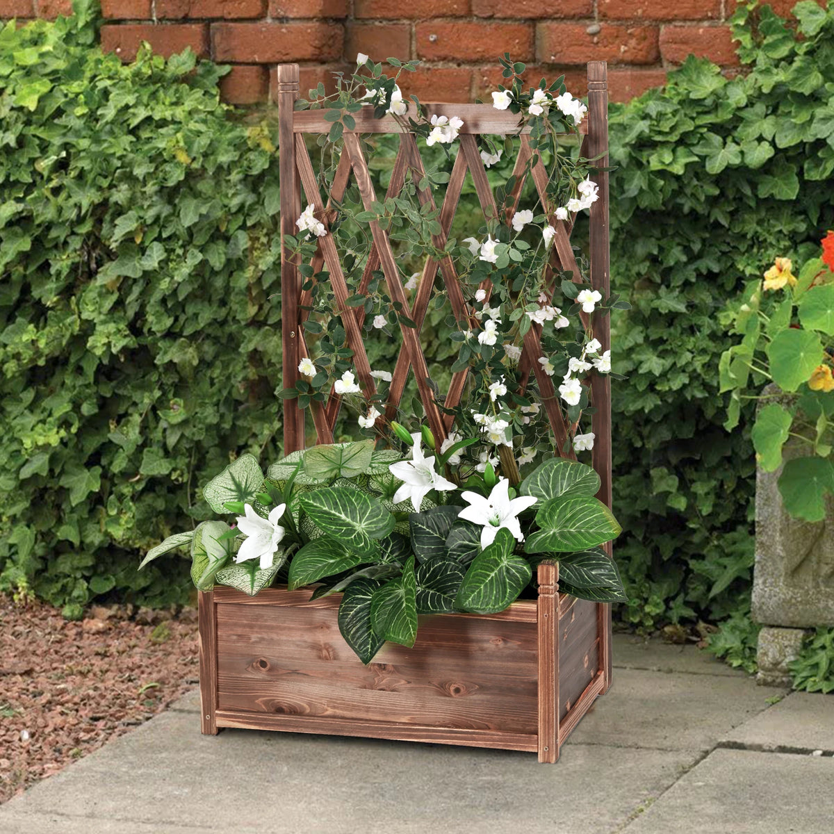 Elevated Wood Planter Box With Trellis For Herbs And Flowers