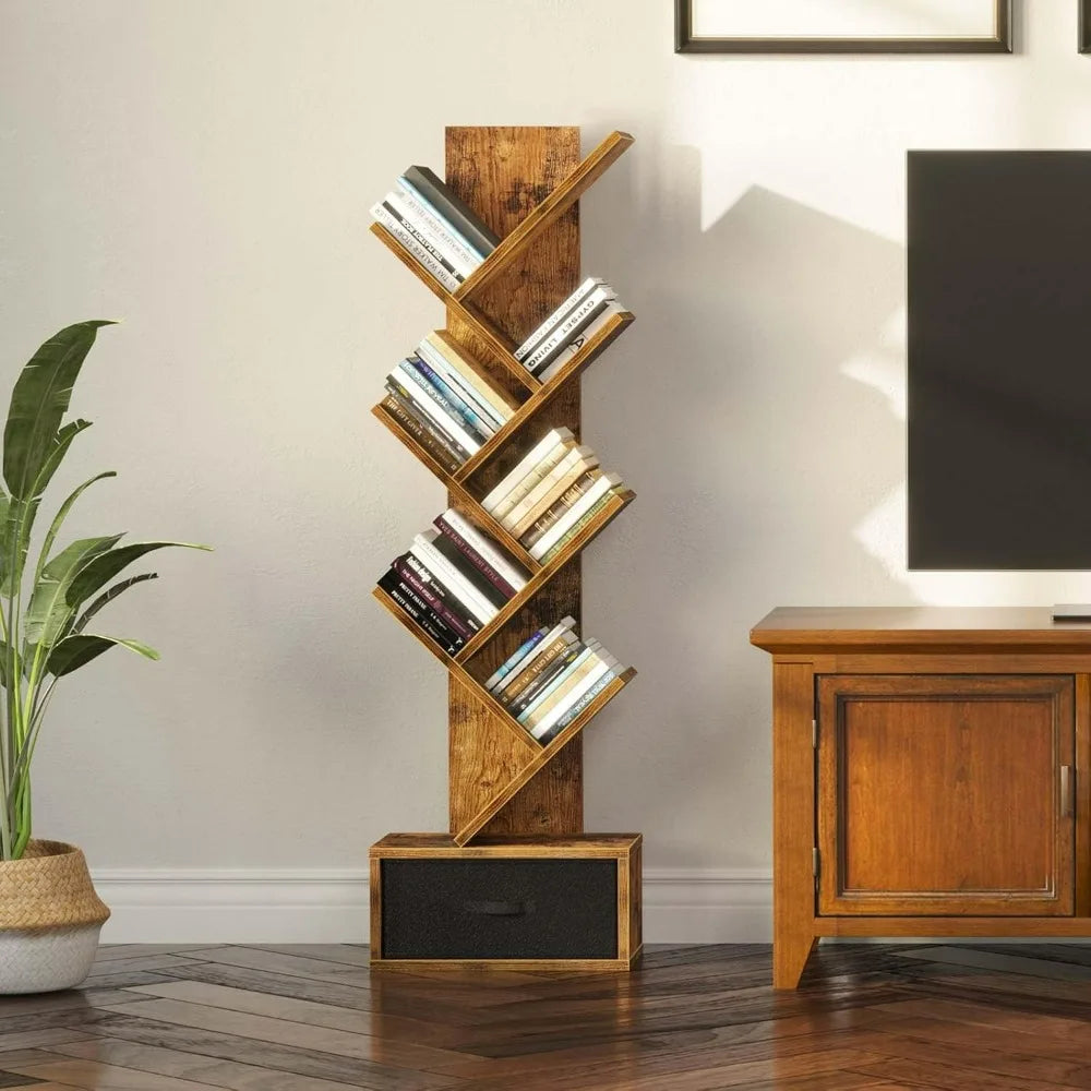 Rolanstar 7 Tier Tree Bookshelf With Drawer Storage Rack For Living Room