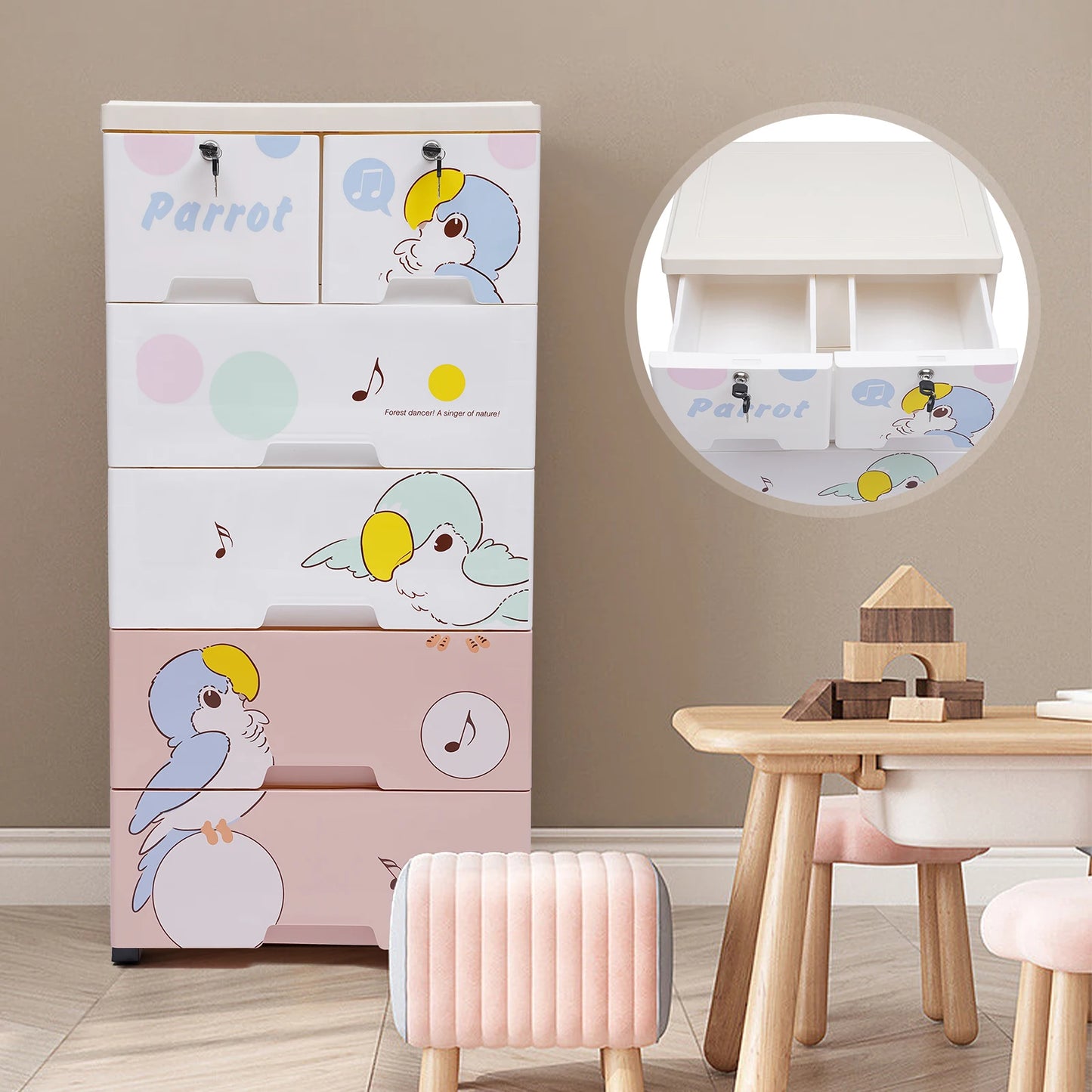 Modern Rolling Plastic Dresser Cabinet Six Drawer Organizer