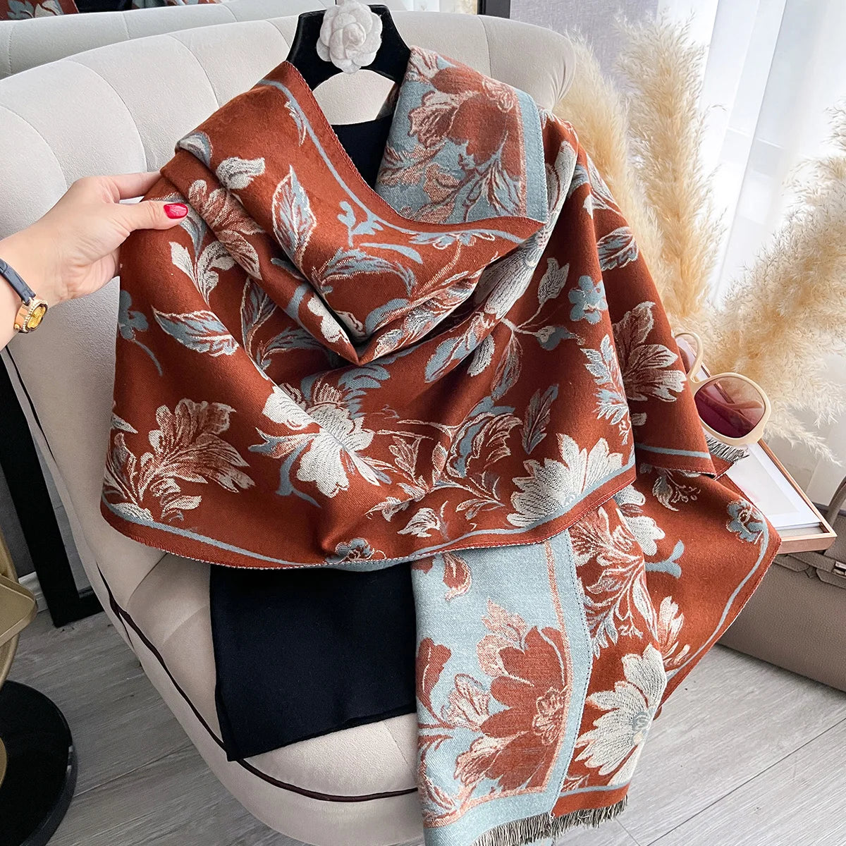Floral Print Winter Scarf For Women Warm Polyester Shawl Wrap