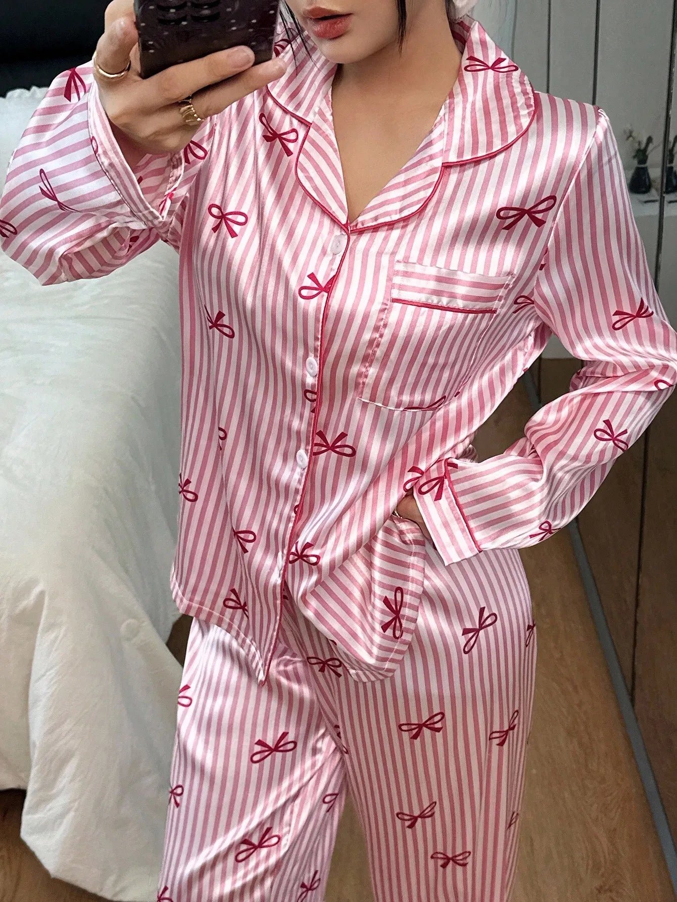 Women's Striped Satin Pajama Set With Bow Print Long Sleeve Top And Pants