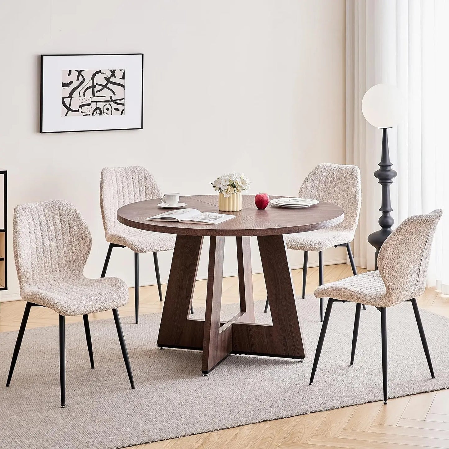 Round Mid-Century Dining Table Set With Metal Legs And Chairs