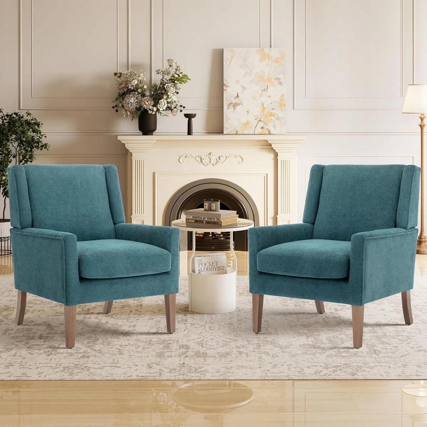 Wingback Accent Chair Set in Velvet with Wood Legs