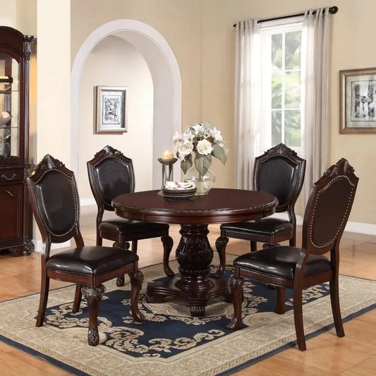 5-Piece Round Dining Set With Classic Table And Upholstered Chairs
